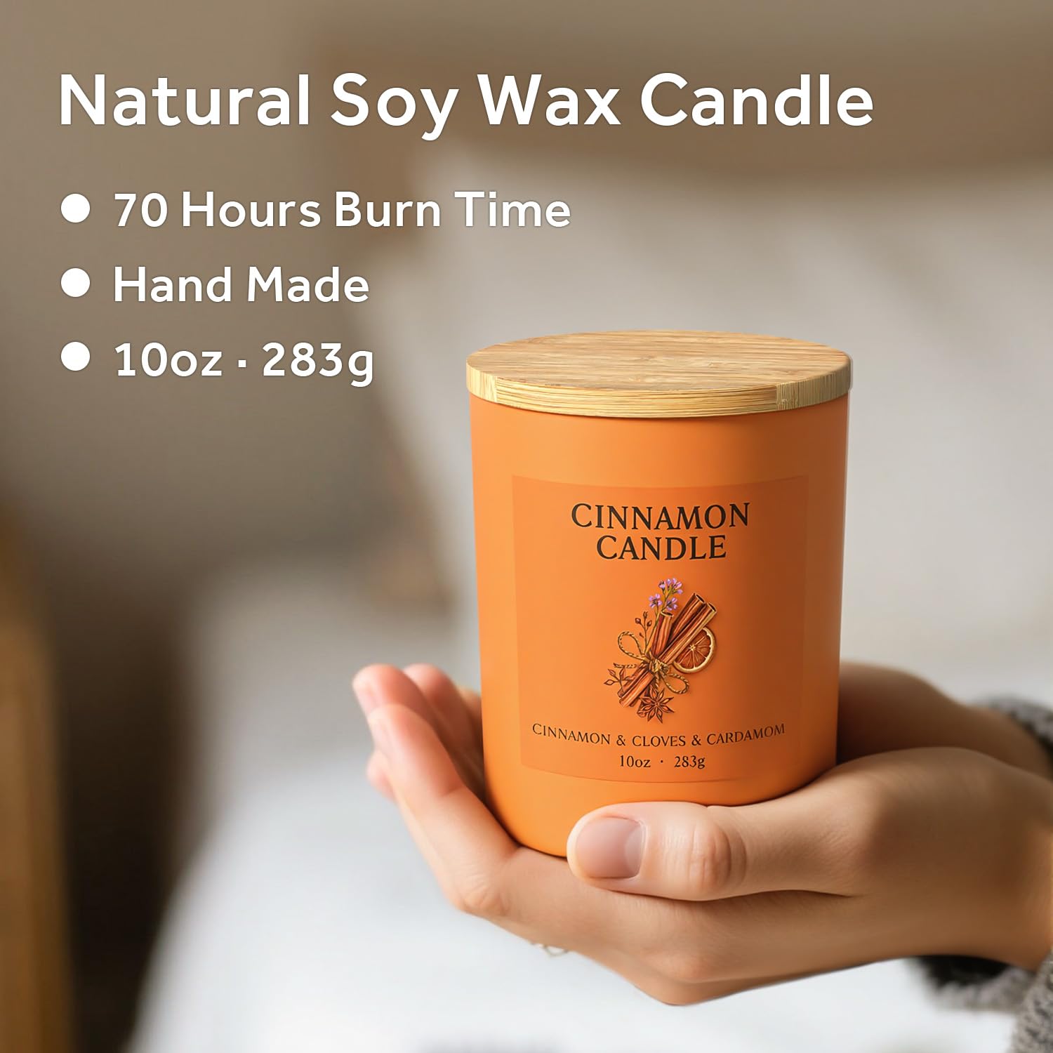 NORVENCE Cinnamon Candle bamboo lid highlighting eco-friendly packaging and style.