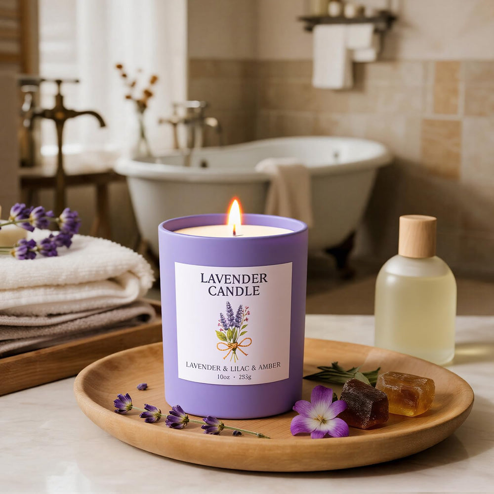 Gift-ready NORVENCE Lavender Candle packaging, ideal for birthdays and special occasions.