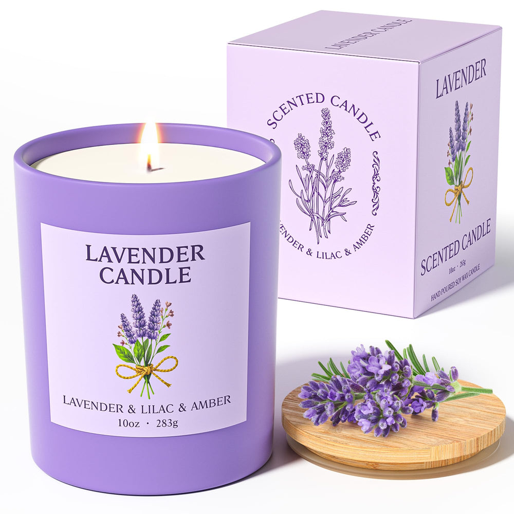 NORVENCE Lavender Candle in a purple glass jar creates a calm, inviting atmosphere.