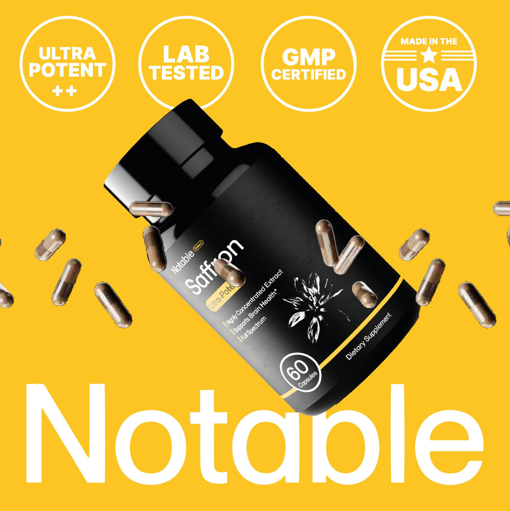 Notable saffron active compounds crocin and safranal close-up—brain and mood support.