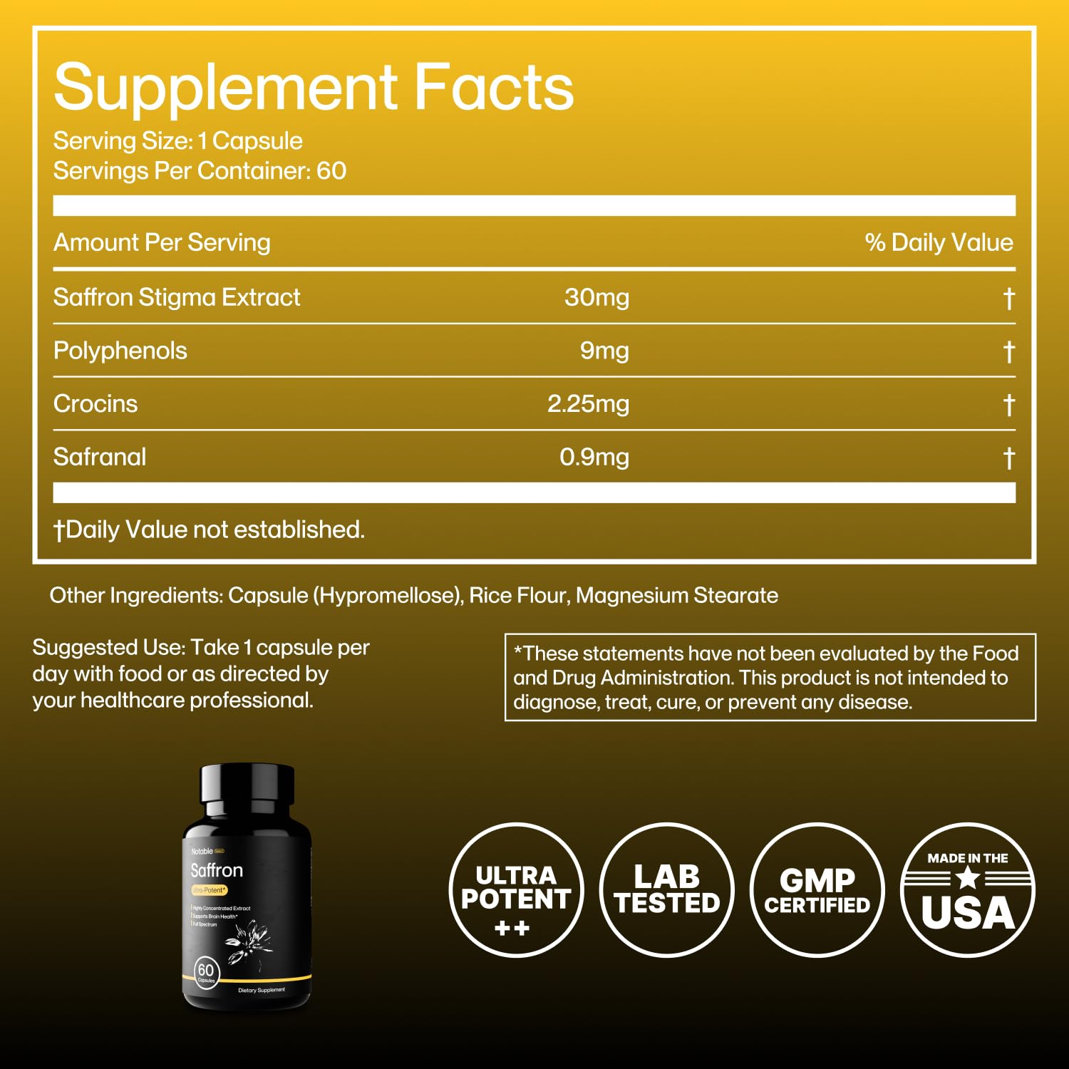 Notable saffron capsules close-up—vegetarian capsules for easy daily use.