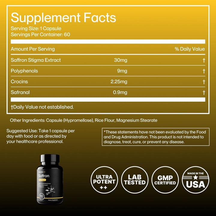 Notable saffron capsules close-up—vegetarian capsules for easy daily use.