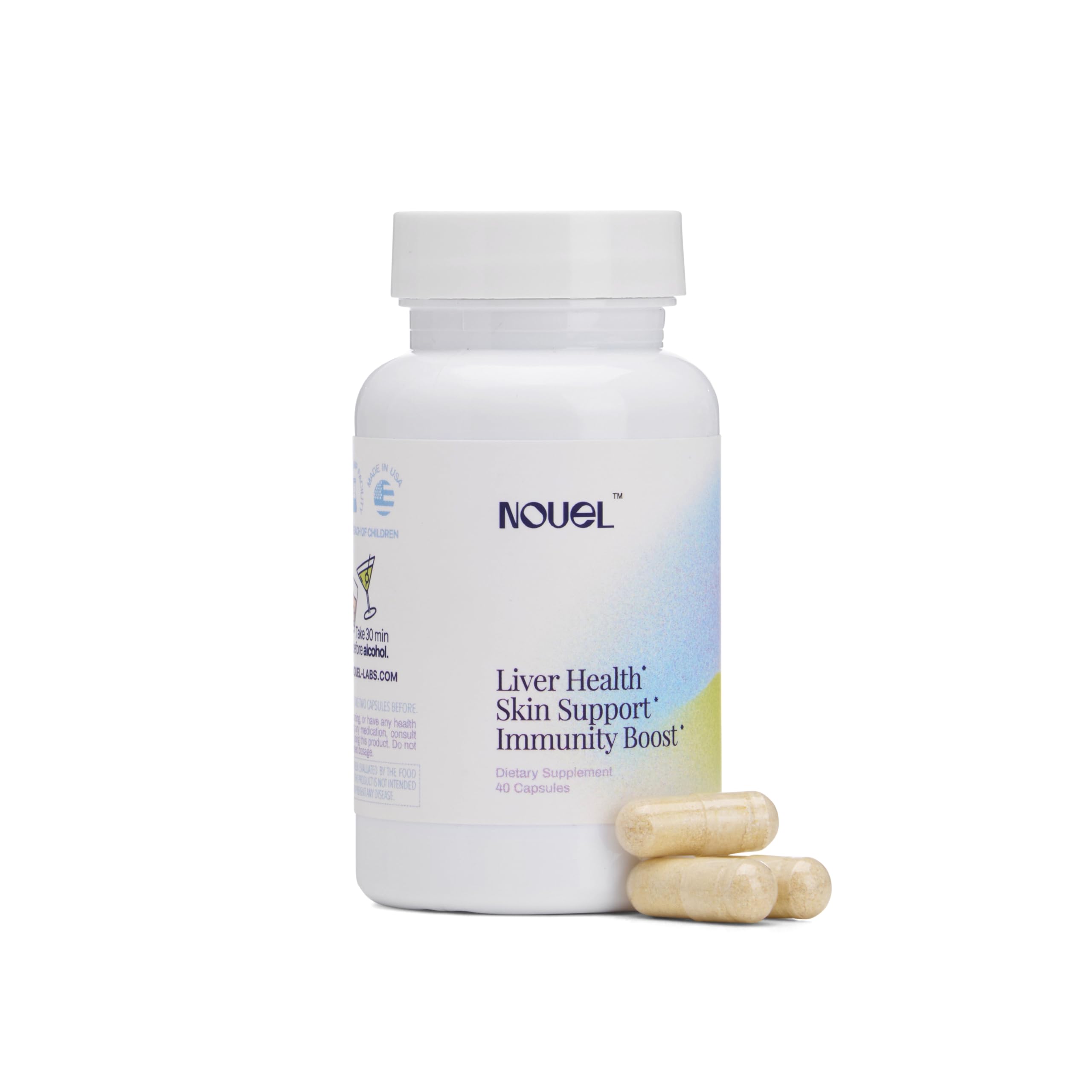 Nouel bottle and capsules for post-drinking recovery support.
