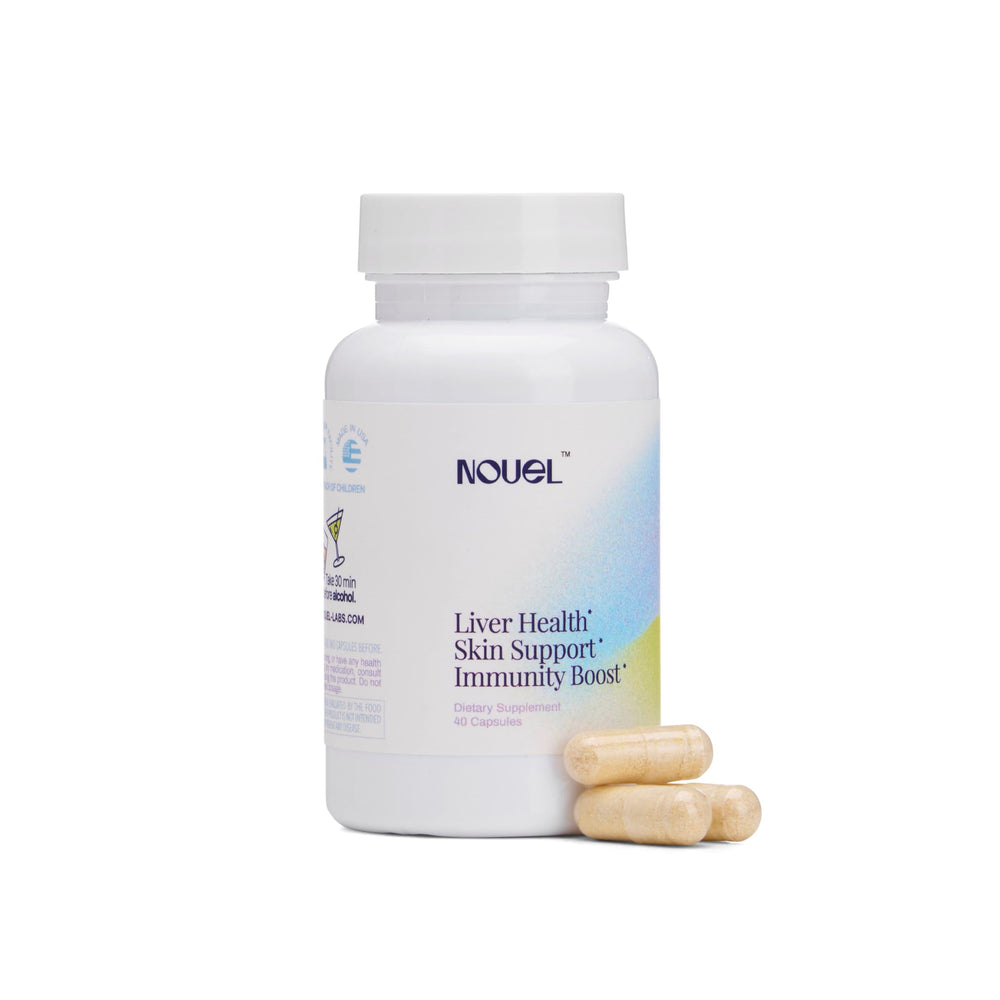 Nouel bottle and capsules for post-drinking recovery support.