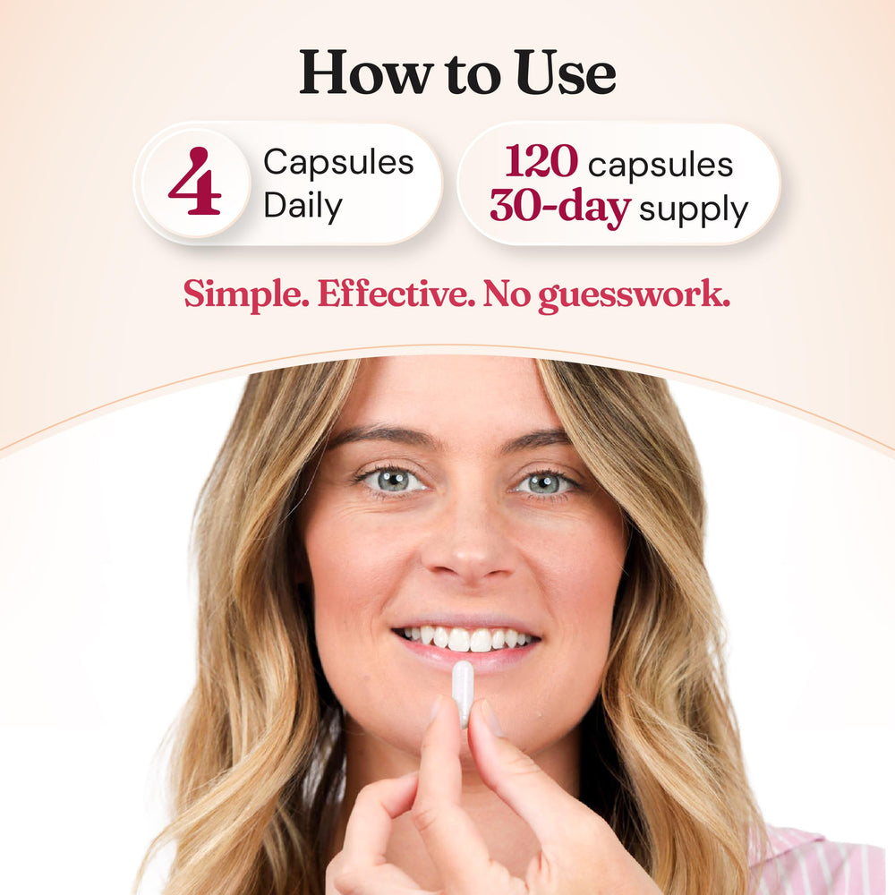 Nourished bottle with dosage guidance highlighting cycle health and skin balance possibilities.