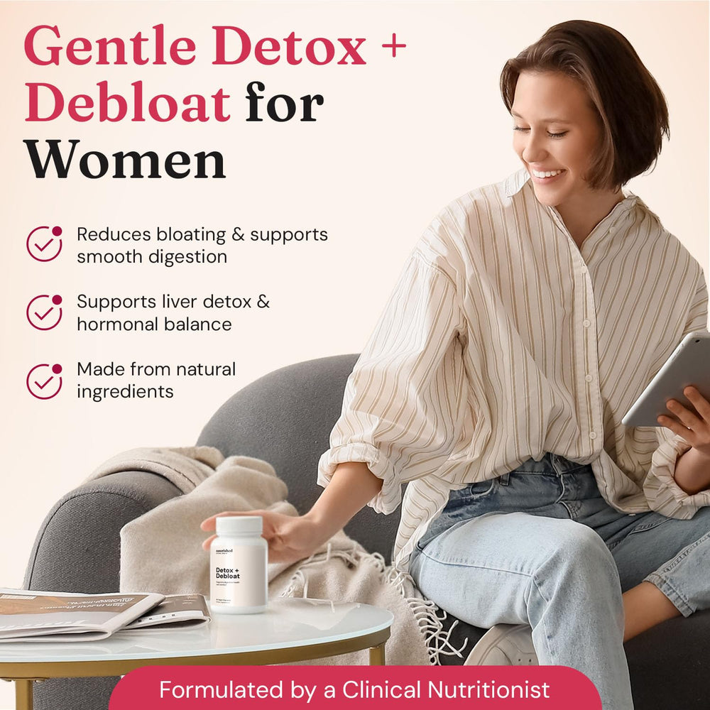 Nourished Natural Detox + Debloat capsules close-up for digestion support