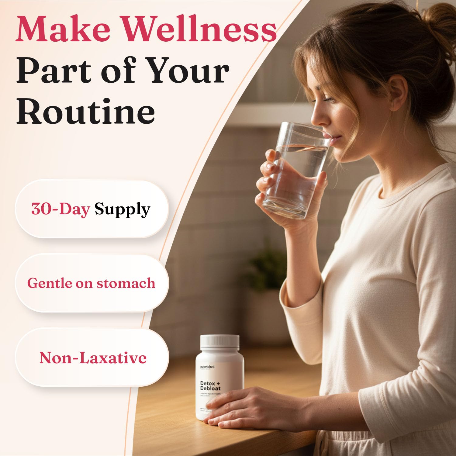 Nourished Natural Detox + Debloat ingredients chart with minerals and botanicals