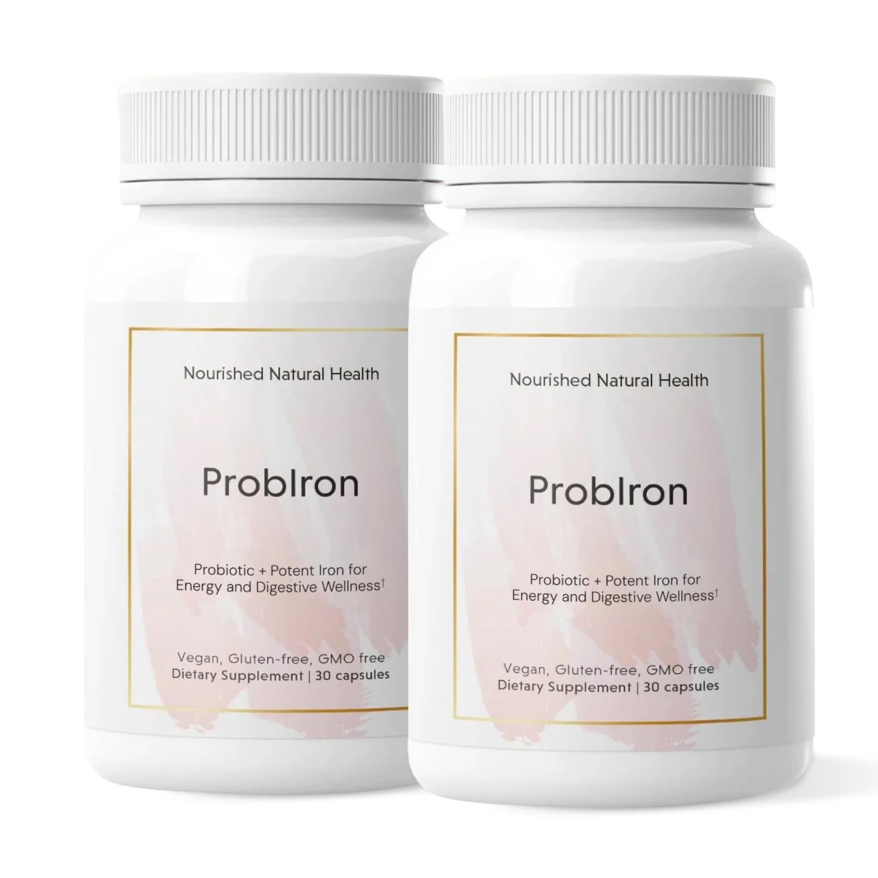Nourished ProbIron bottle on shelf shows vegan iron and probiotic support