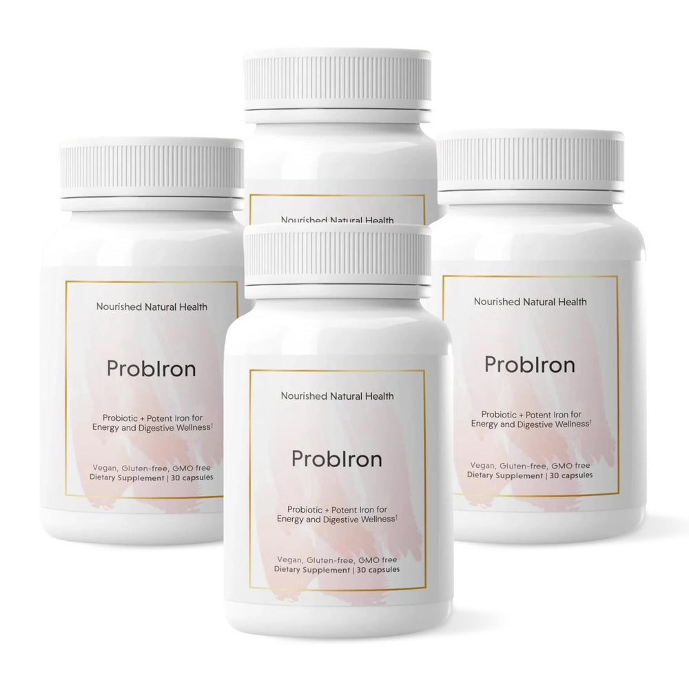 Nourished Natural Health ProbIron bottle with label showing vegan iron for energy support