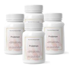 Nourished Natural Health ProbIron bottle with label showing vegan iron for energy support