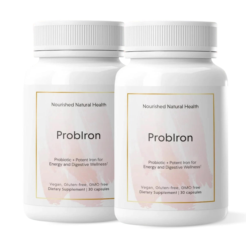 Nourished ProbIron bottle on shelf shows vegan iron and probiotic support