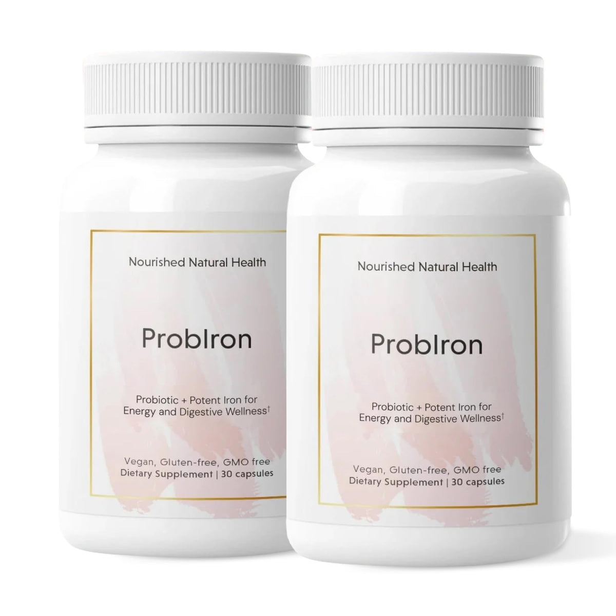 Nourished ProbIron bottle on shelf shows vegan iron and probiotic support