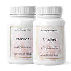 Nourished ProbIron bottle on shelf shows vegan iron and probiotic support