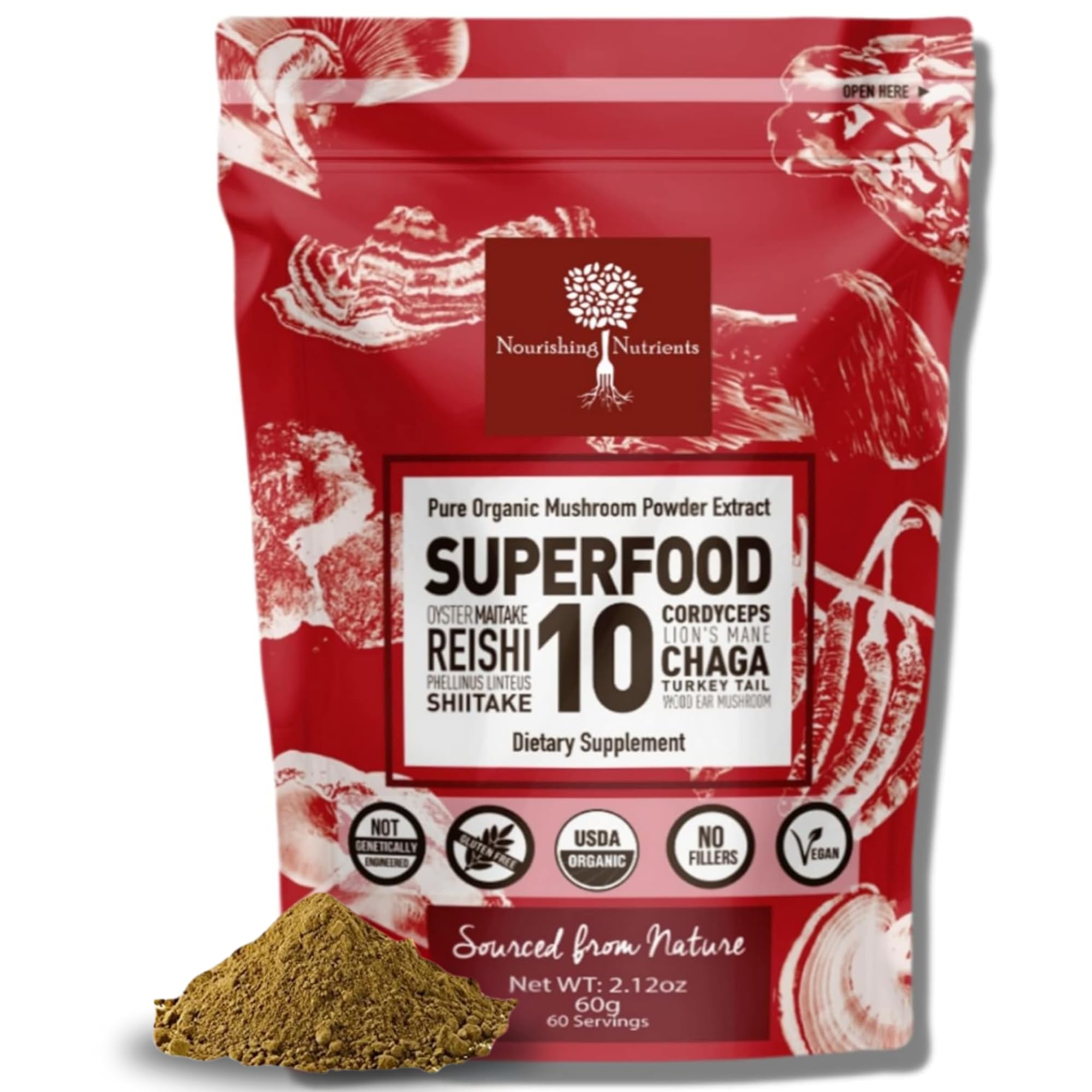 Nourishing Nutrients organic mushroom powder jar shown for daily wellness.