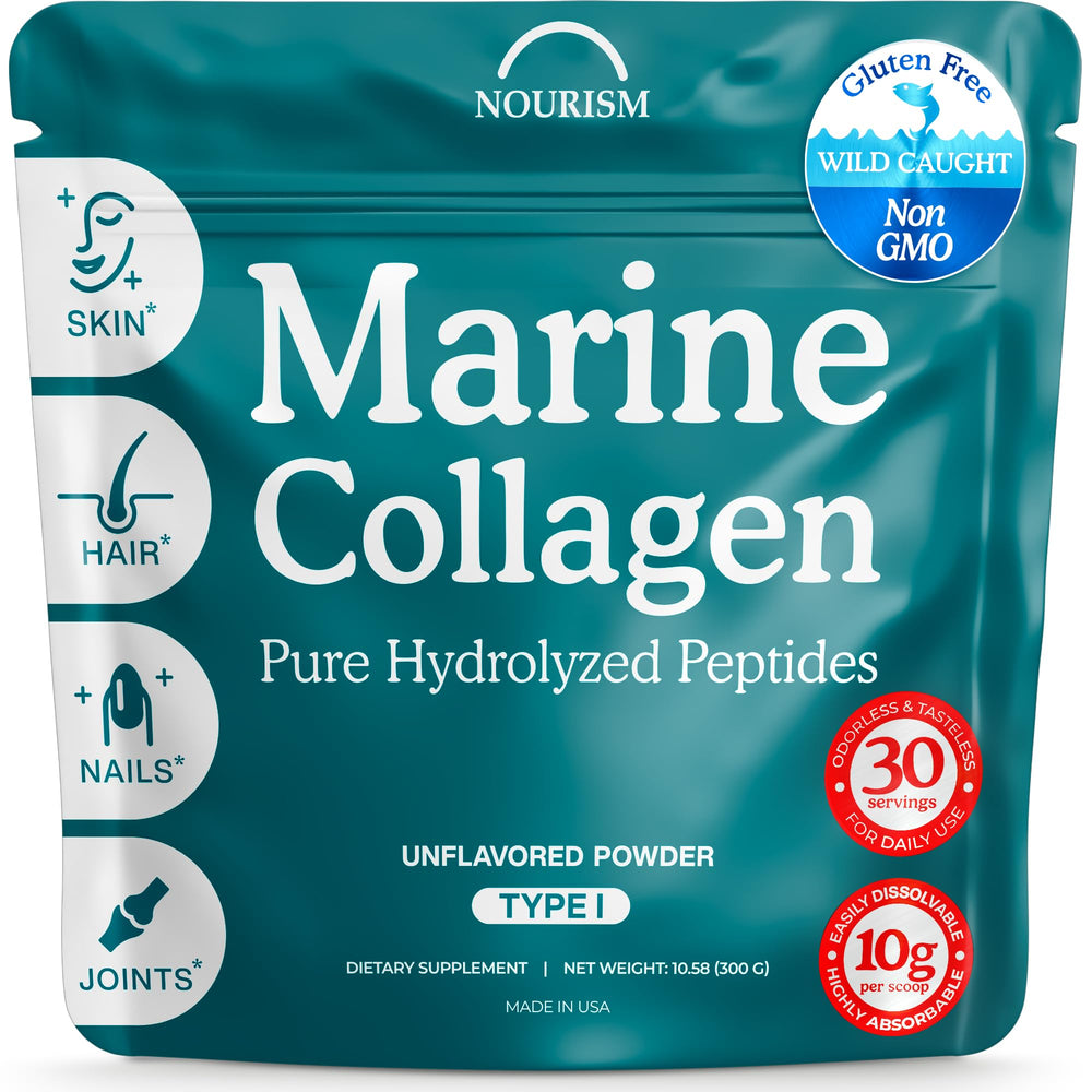 Nourism Marine Collagen bottle on shelf, premium skin and joint support.