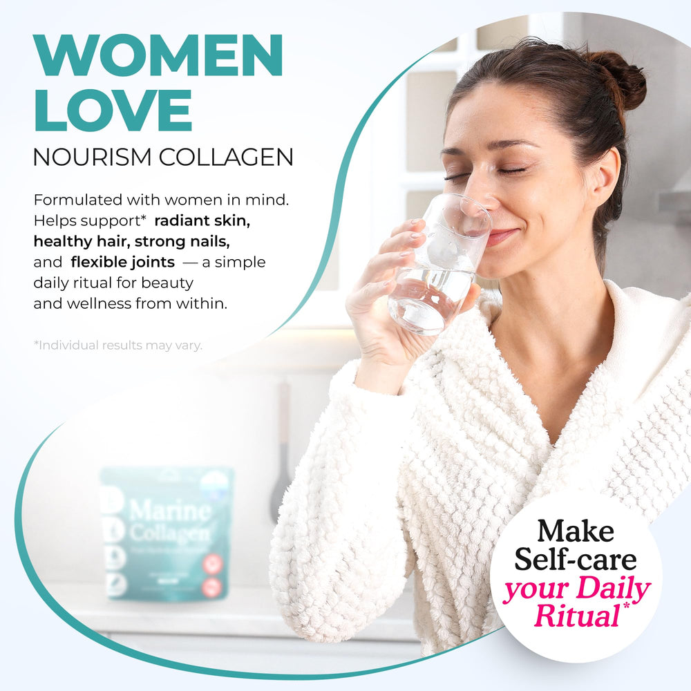 Nourism Marine Collagen being stirred into a glass of drink.