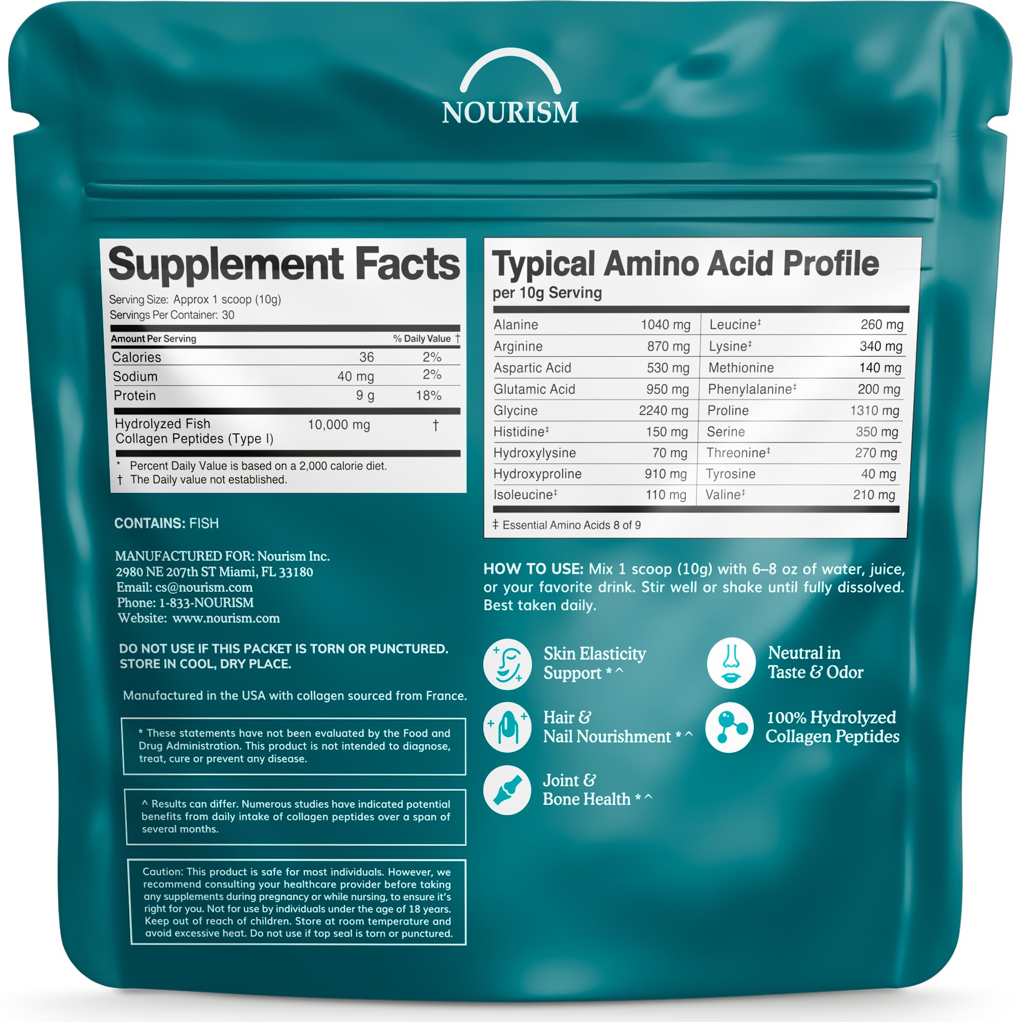 Nourism Marine Collagen label highlights non-GMO and gluten-free status.