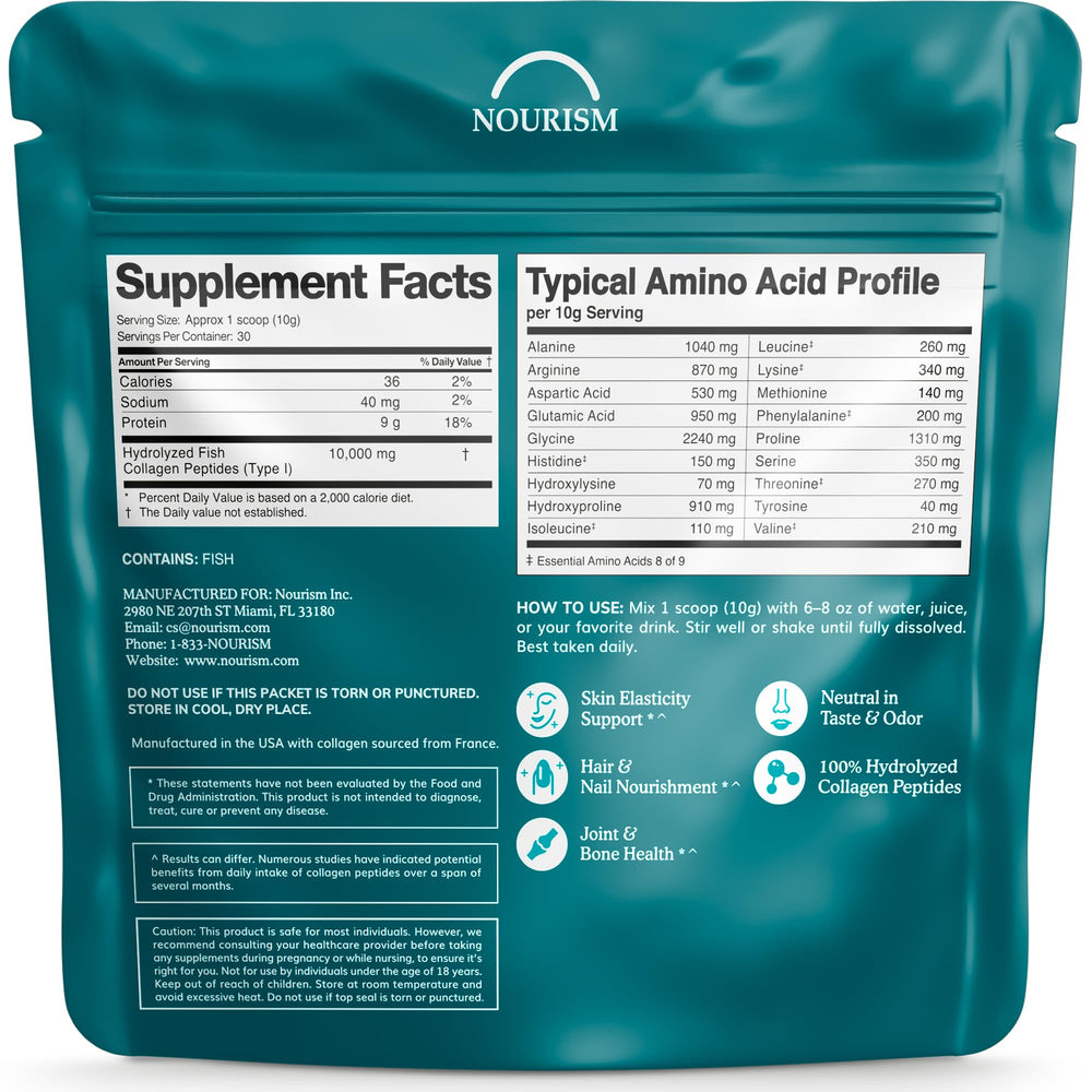 Nourism Marine Collagen label highlights non-GMO and gluten-free status.