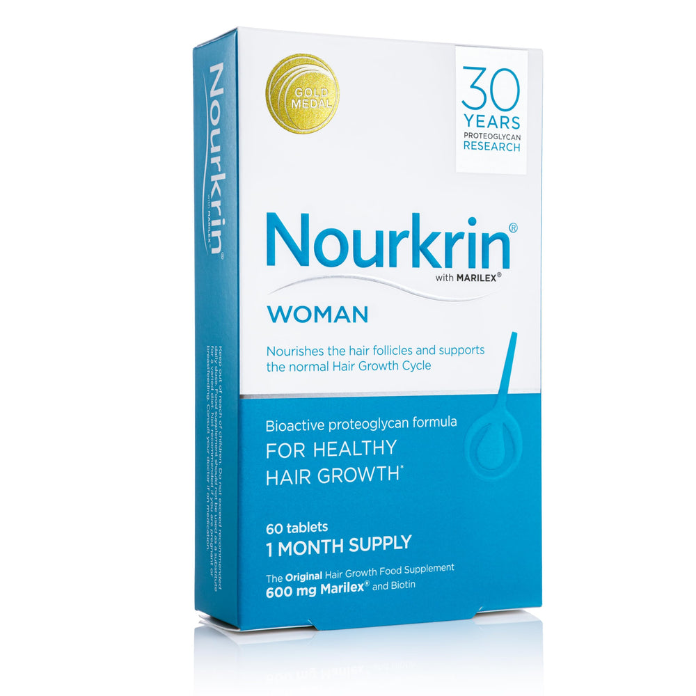 Nourkrin Woman Marilex illustration emphasizes nutrient-rich formula for follicles.