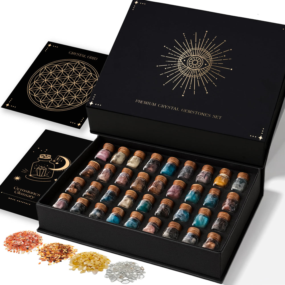 Nova Crystals 50-crystal set in spell jars for beginner kits and displays.