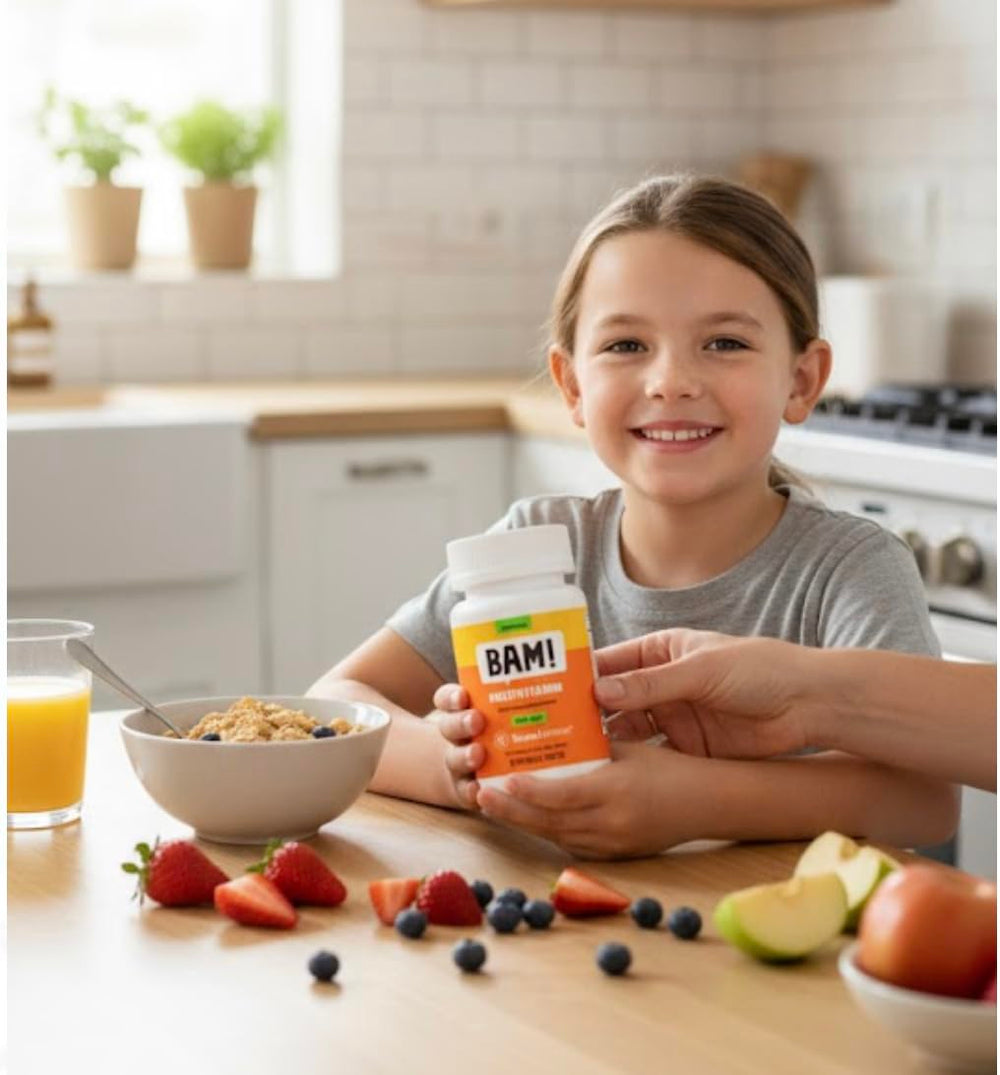 NovaFerrum BAM chewable bottle label showing Fruit Blast flavor and daily use.