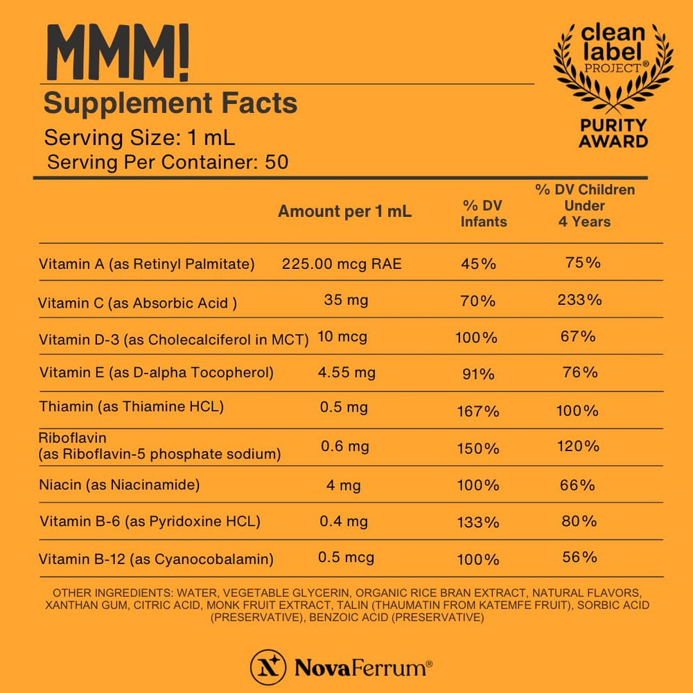 NovaFerrum MMM label highlights gluten-free and sugar-free formula.