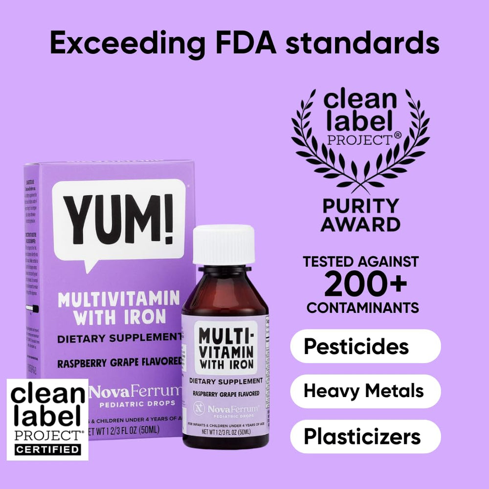 NovaFerrum Yum bottle label highlights gluten free and sugar free formulation.