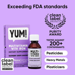 NovaFerrum Yum bottle label highlights gluten free and sugar free formulation.