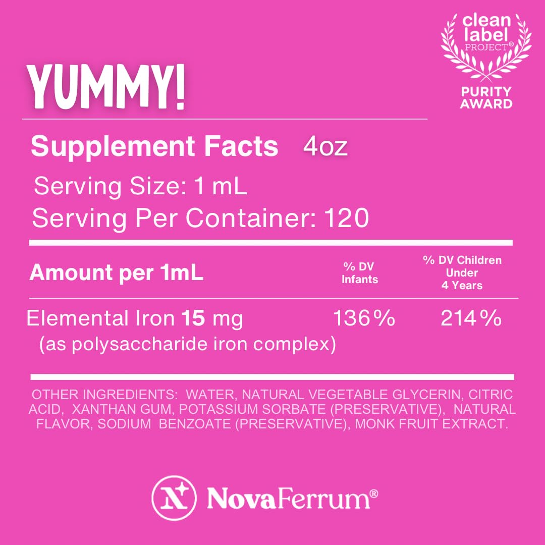 NovaFerrum Yummy ingredients and label show gluten-free, sugar-free formulation.