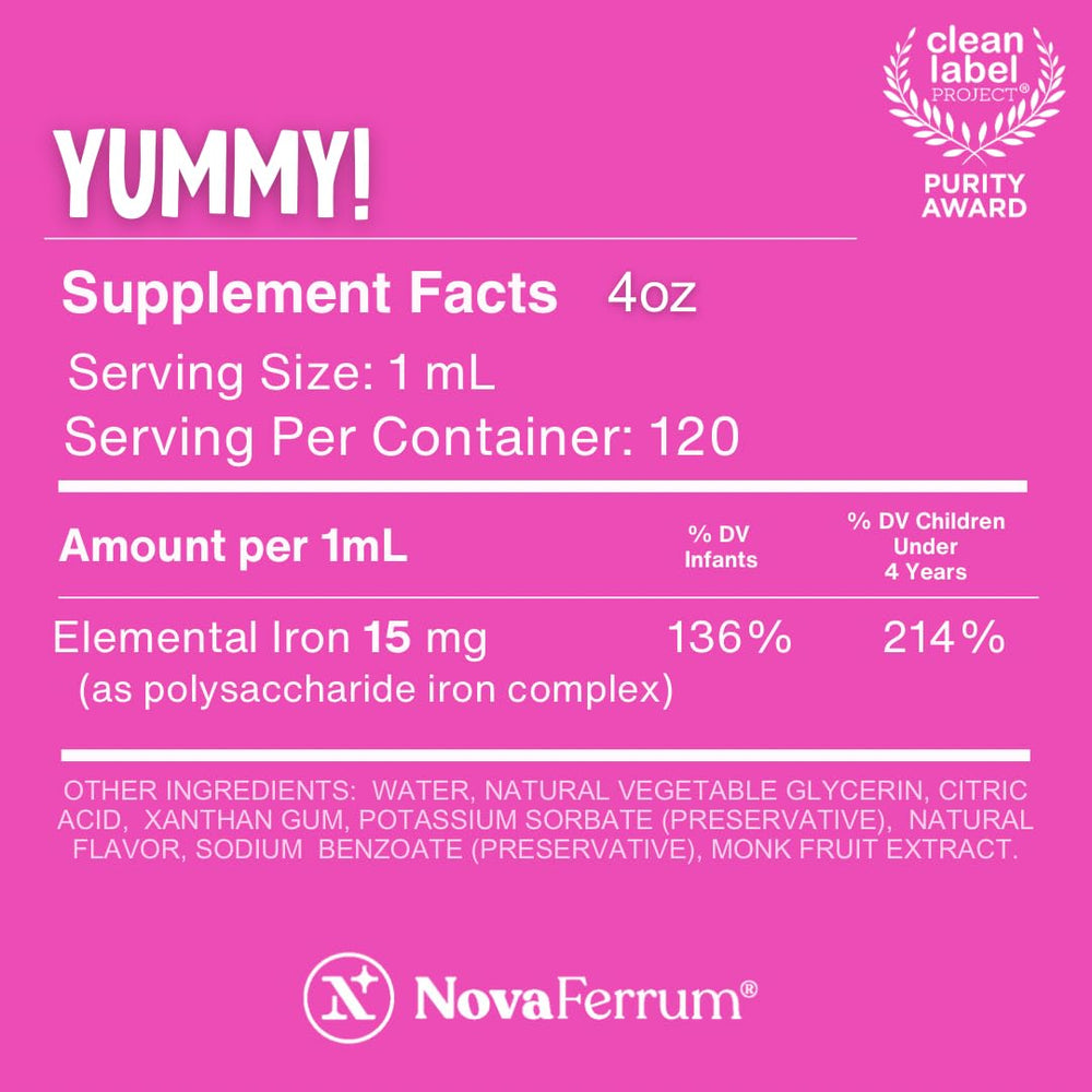 NovaFerrum Yummy ingredients and label show gluten-free, sugar-free formulation.