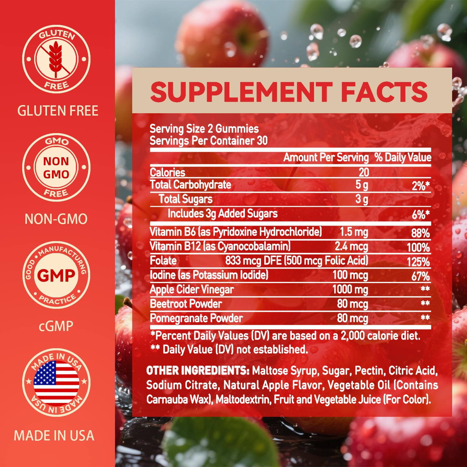 Novafun Apple Cider Vinegar Gummies closeup highlights pleasant apple flavor.