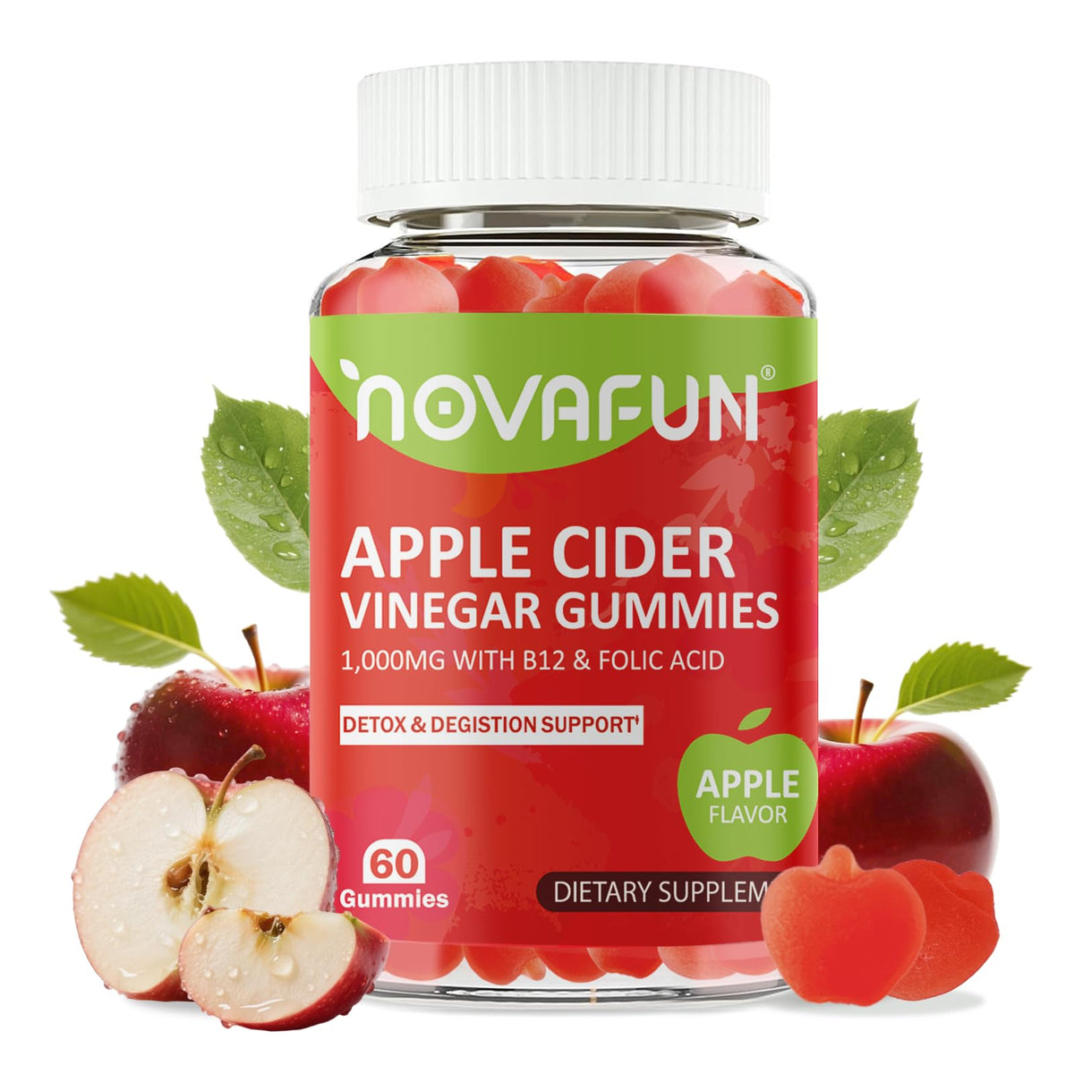 Novafun Apple Cider Vinegar Gummies bottle for daily detox support.