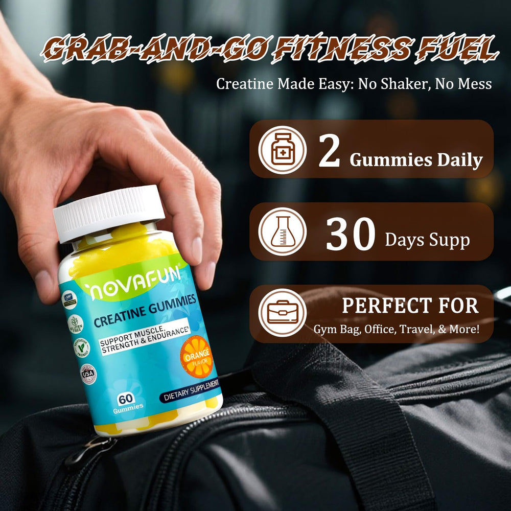 Novafun Creatine Gummies bottle side view emphasizes flavor and potency.