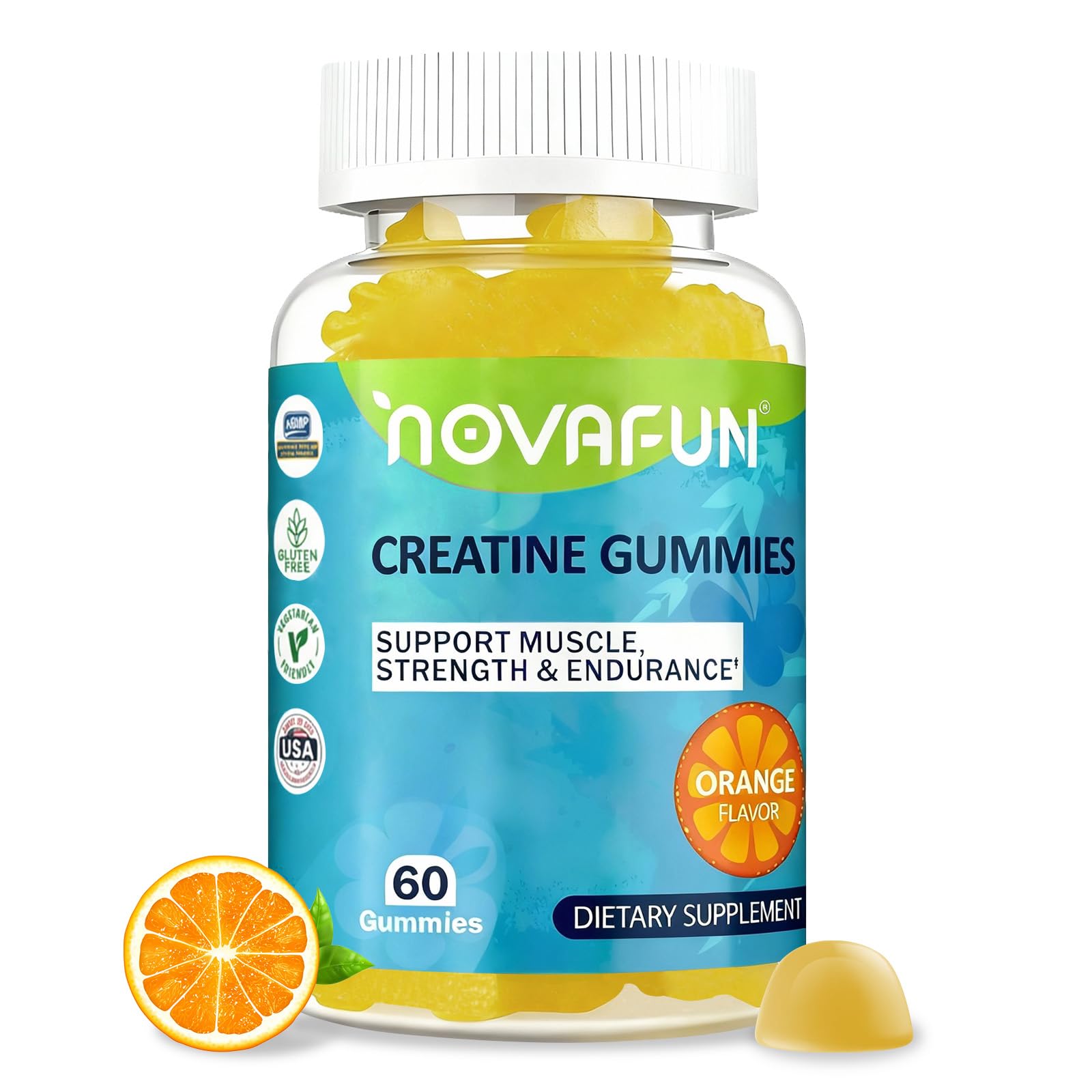 Novafun Creatine Gummies orange bottle for convenient daily workout support.