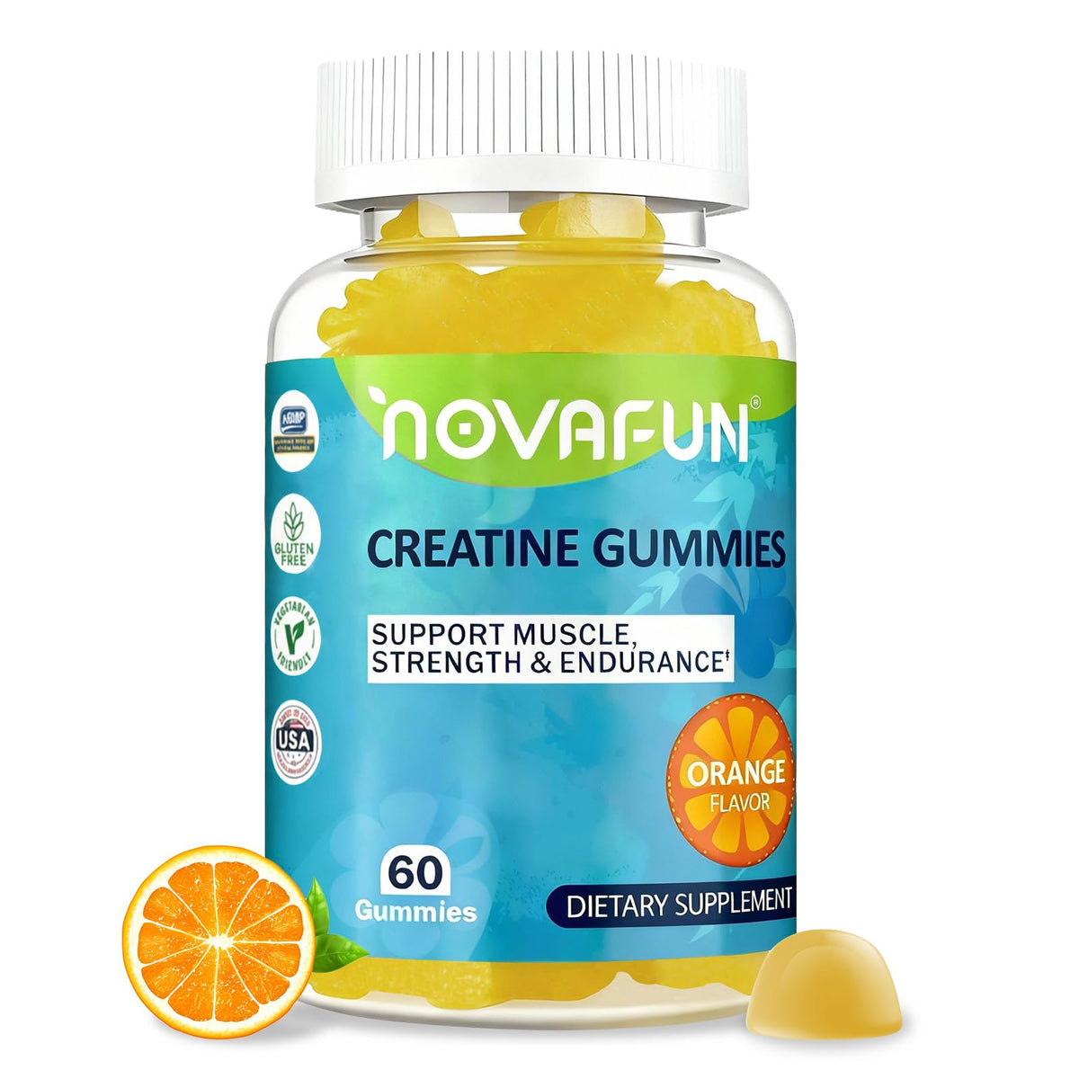 Novafun Creatine Gummies orange bottle for convenient daily workout support.