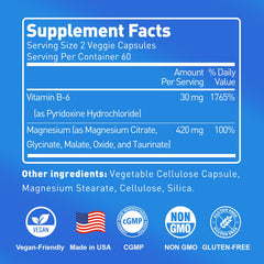Novafun Magnesium B6 capsules closeup highlights easy-to-swallow two-capsule serving.