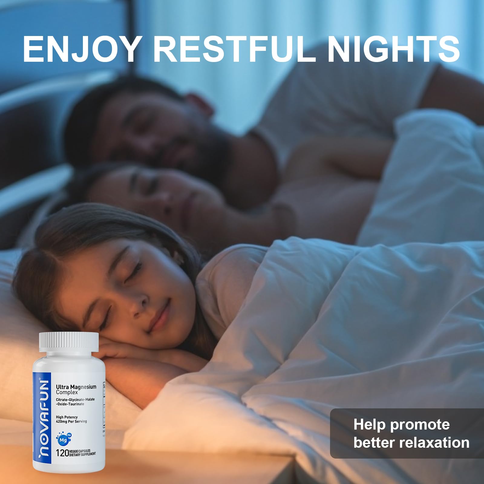 Novafun Magnesium B6 formula infographic presents five magnesium forms for vitality.