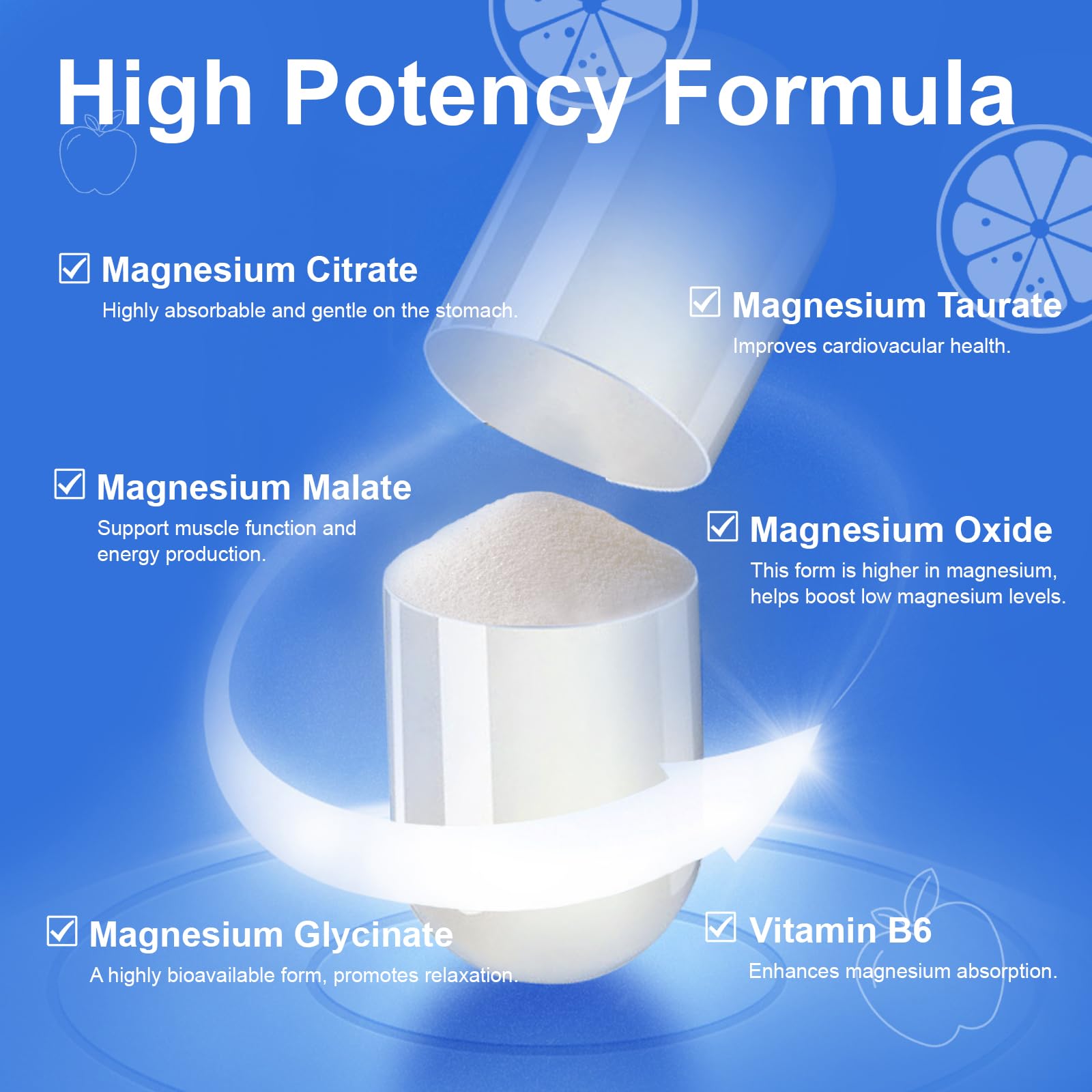 Novafun Magnesium B6 label back explains the 5 magnesium forms for balanced support.