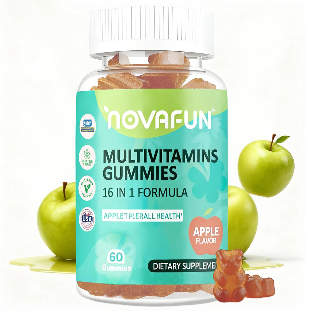 Novafun multivitamin gummies, apple flavor for daily immune support and energy.