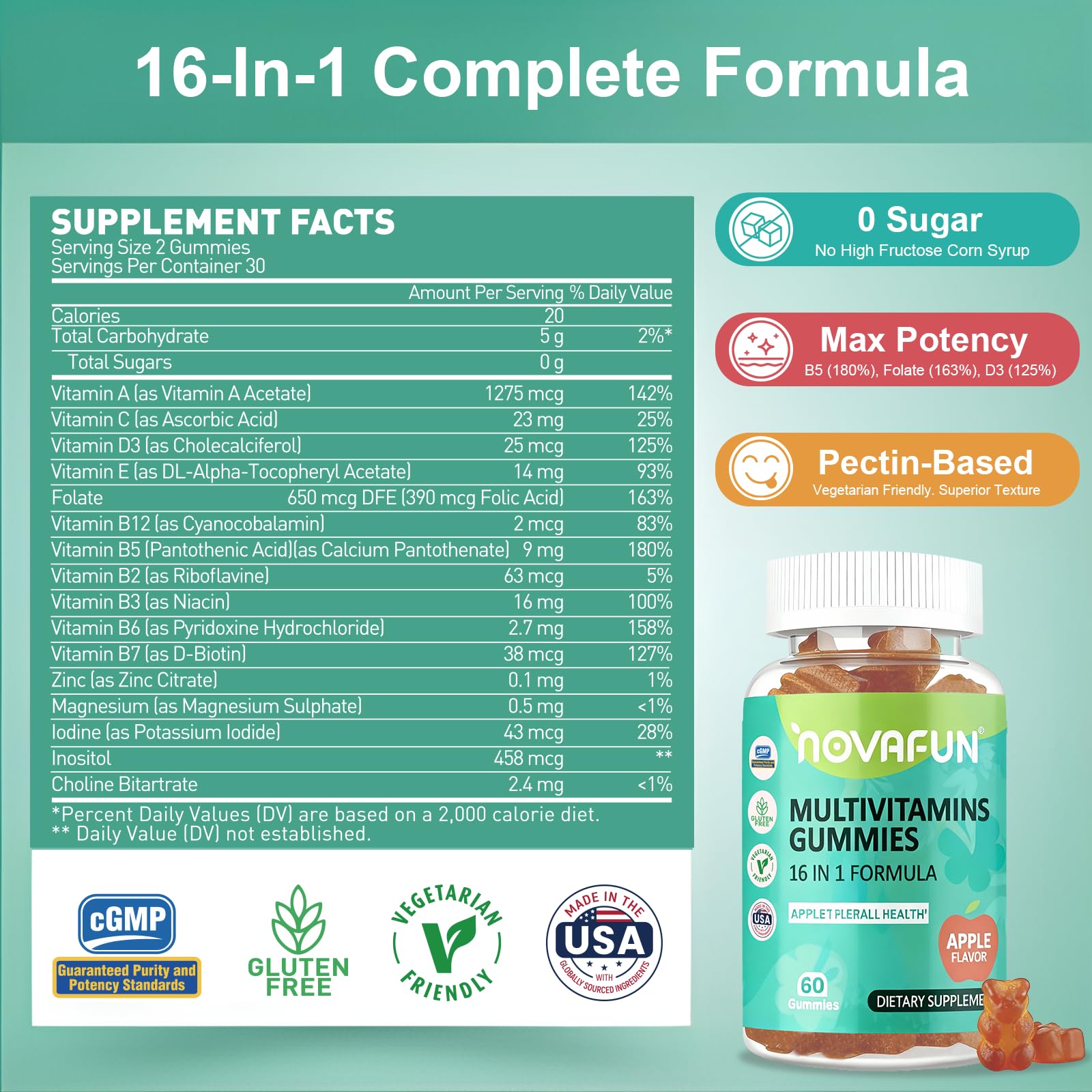 Novafun bottle with 60 gummies, vegan and sugar-free formula.