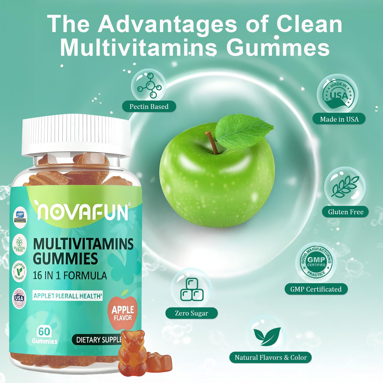 Close-up of chewy Novafun gummies with apple flavor.