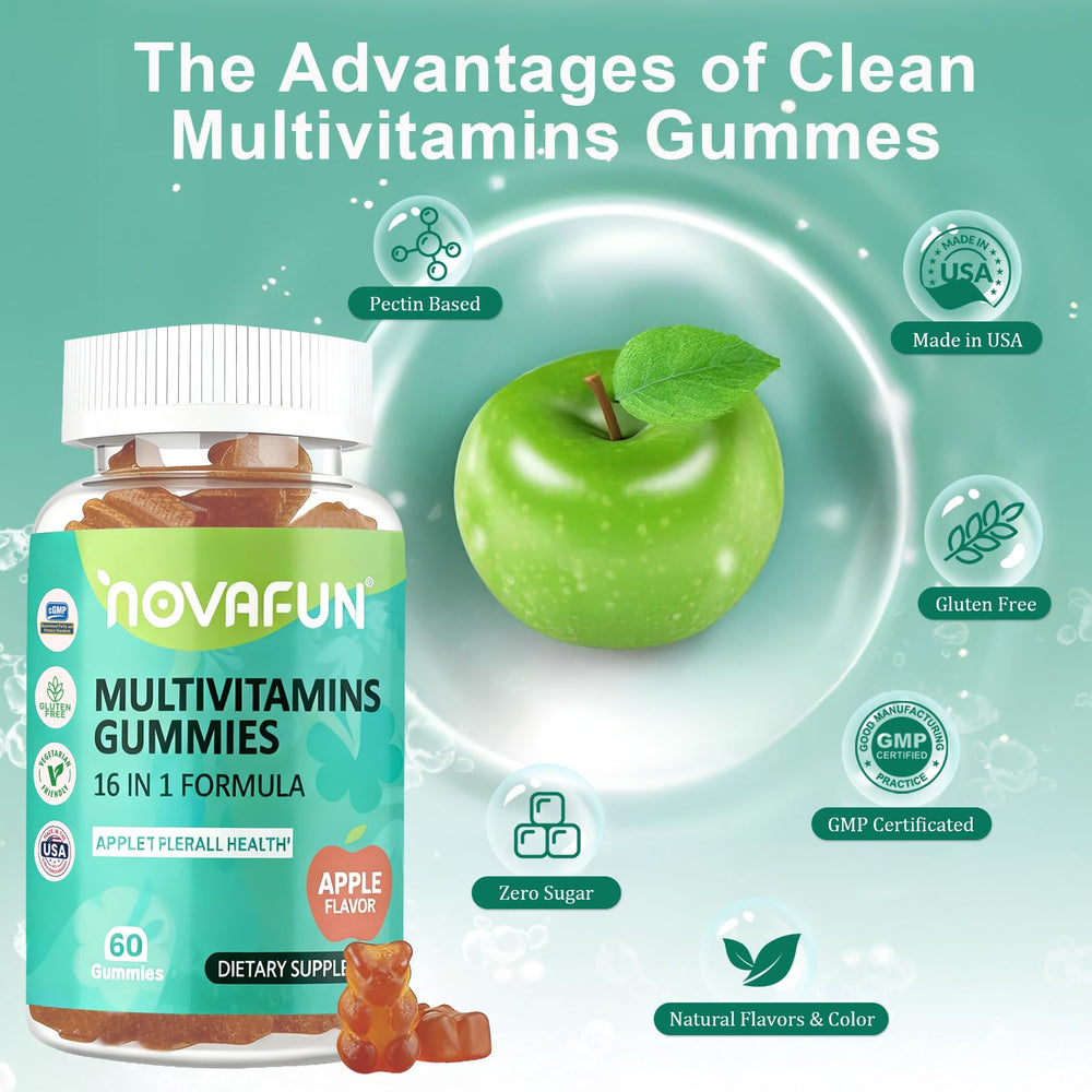Close-up of chewy Novafun gummies with apple flavor.