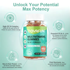 Ingredients list highlighting included vitamins and minerals in Novafun gummies.