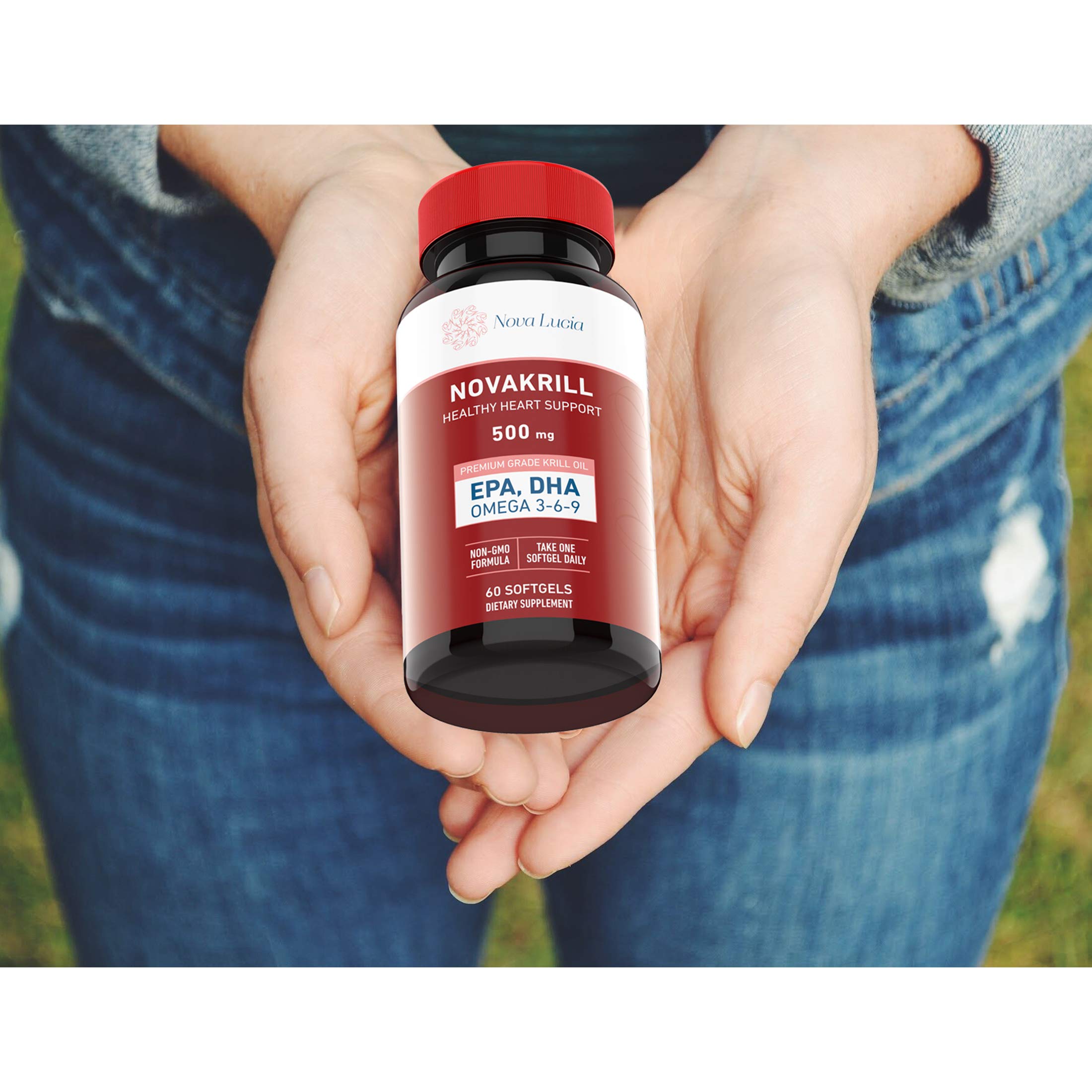 NovaKrill softgels captured as easy-to-swallow daily supplement.