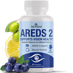 NOVEHA AREDS 2 eye vitamin bottle promoting daily eye nutrition and macular support