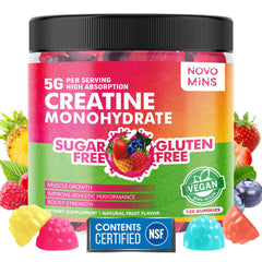 Novomins Creatine Gummy bottle demonstrates convenient daily use for workouts.