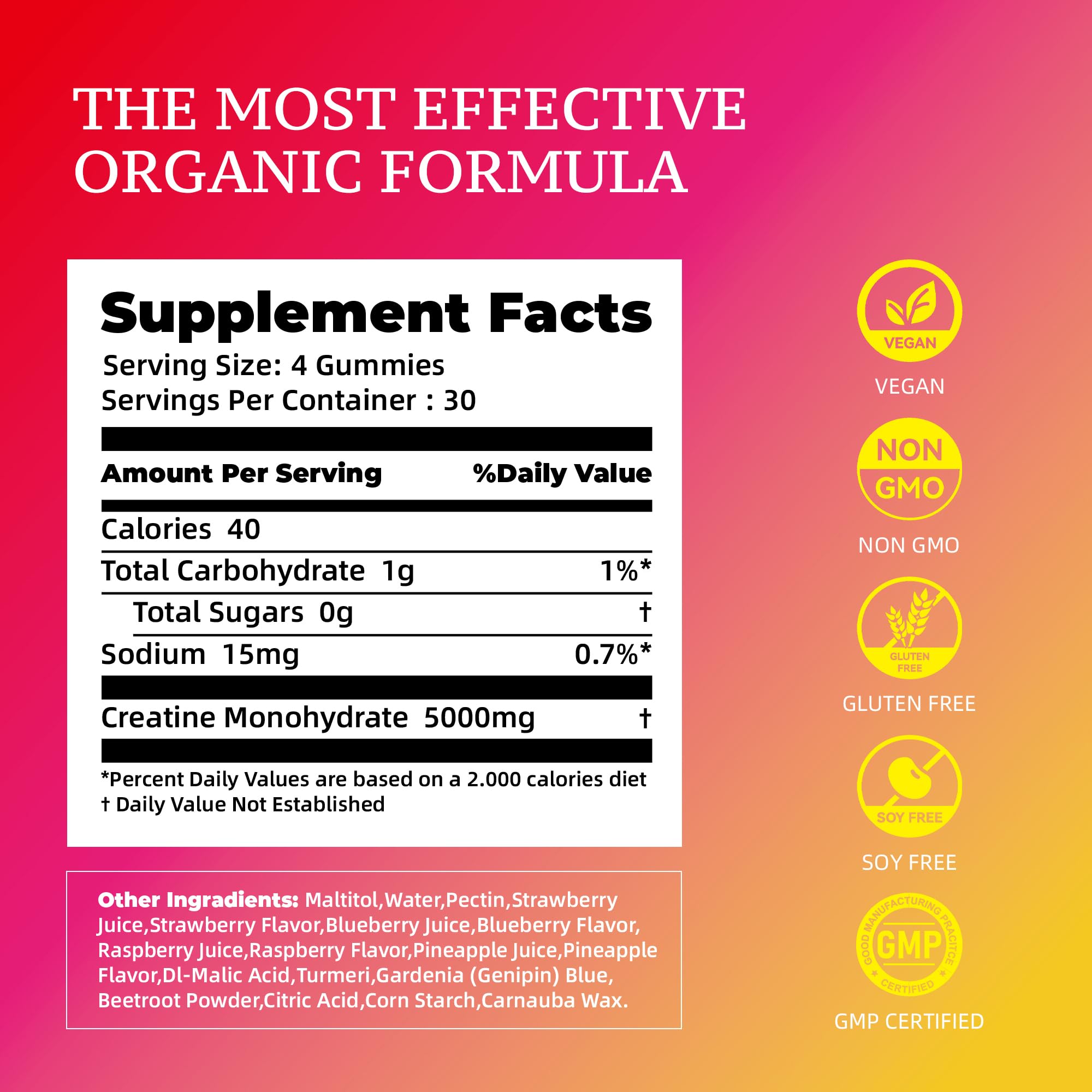 Novomins Creatine Gummy serving of four gummies shows easy dosing for training.