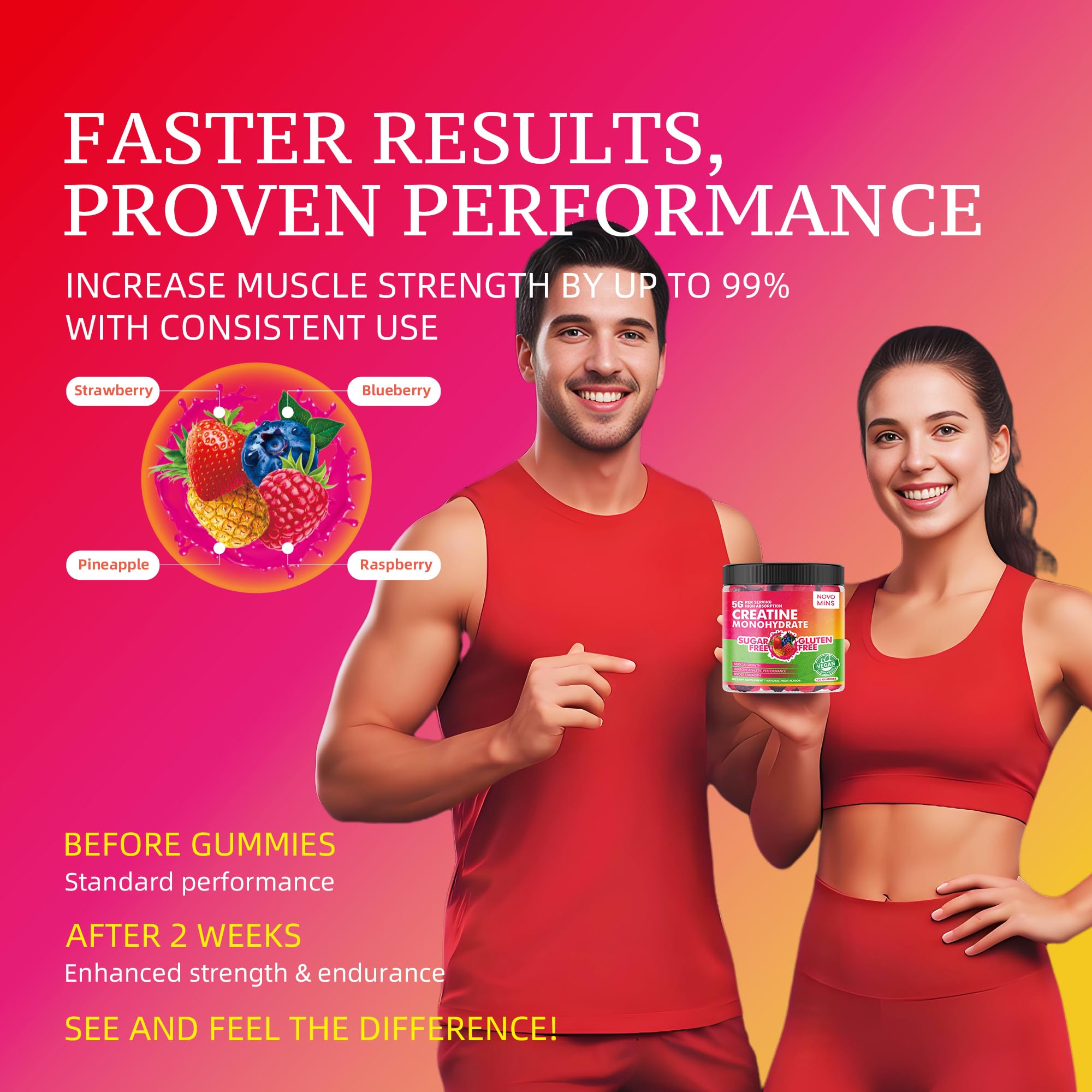 Novomins Creatine Gummy GMP-certified factory badge emphasizes quality control.