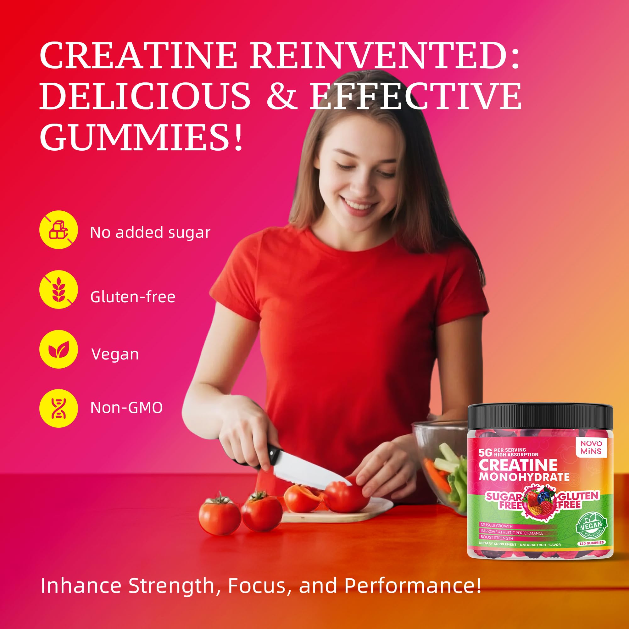 Novomins Creatine Gummy ideal for training sessions and daily routines.