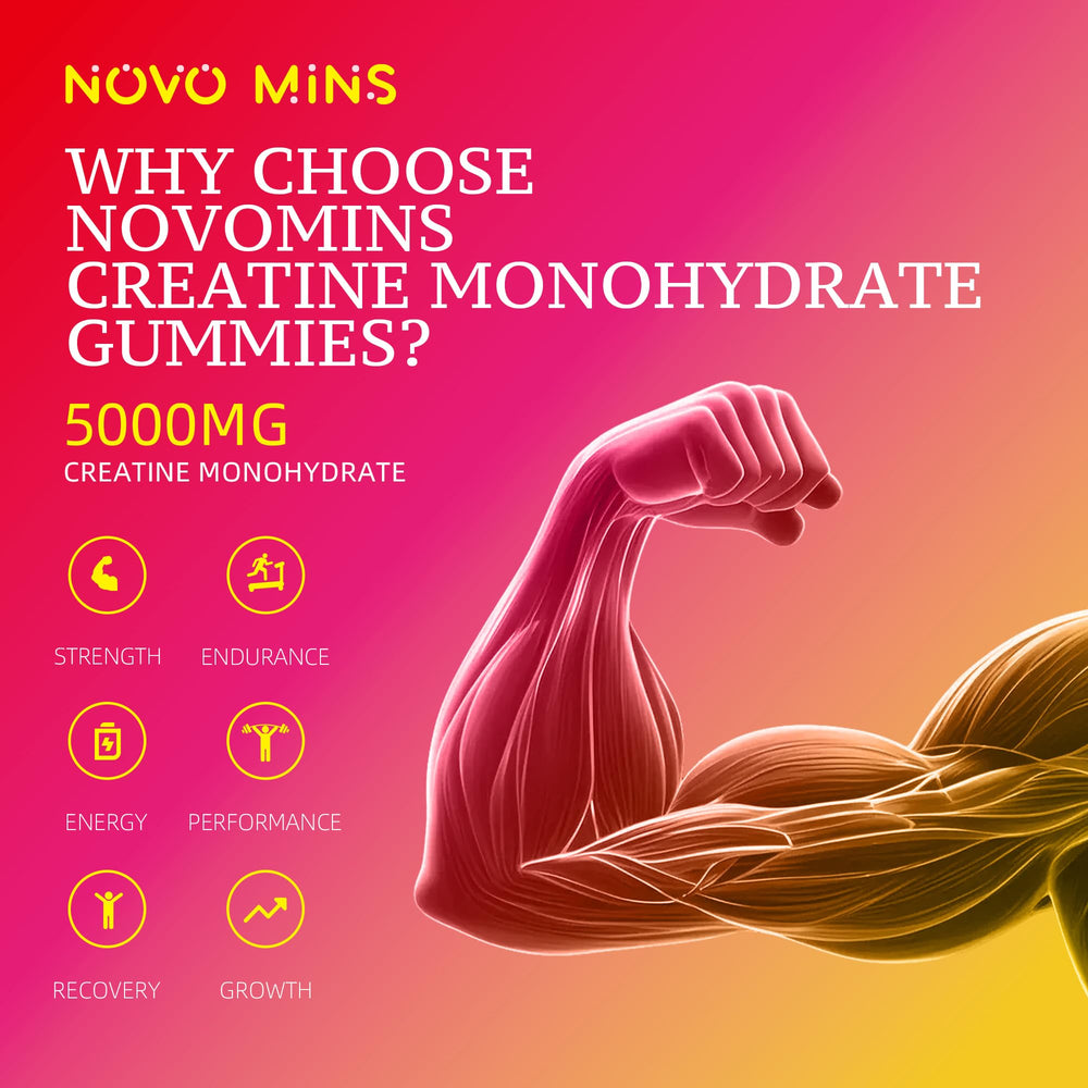 Novomins Creatine Gummy vegan label highlights plant-based formula.